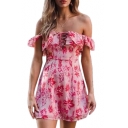 Lace Up Front Off The Shoulder Short Sleeve Floral Printed Mini A-Line Dress