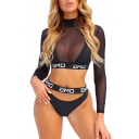 High Neck Sheer Mesh Insert Letter Printed Long Sleeve Crop Top Two Pieces Swimwear