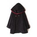 Double Buttons Long Sleeve Loose Tunic Hooded Woolen Coat