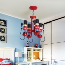 Cartoon Style Open Bulb Chandelier Metallic 4 Bulbs Hanging Light in Red for Kids Baby
