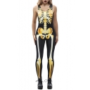 V Neck Sleeveless Skeleton Printed Skinny Jumpsuit