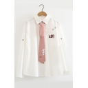 CAT Letter Embroidered Long Sleeve Button Down Lapel Collar Shirt with Tie