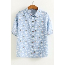 Cute Animal Carrot All Over Printed Lapel Collar Short Sleeve Button Down Shirt