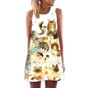 Lovely Cat Printed Round Neck Sleeveless Mini A-Line Dress
