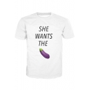 SHE WANTS THE Letter Eggplant Printed Round Neck Short Sleeve Tee
