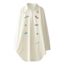 Letter Heart Embroidered Lapel Collar Long Sleeve Button Down Tunic Shirt
