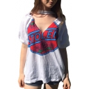 Sexy V Neck Letter Floral Printed Short Sleeve Leisure Tee