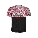 ALWAYS Letter Color Block Floral Printed Round Neck Short Sleeve Tee