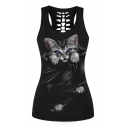 Cat Printed Hollow Out Back Sleeveless Slim Tank