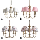 Brass Finish Shaded Suspension Light Rustic Style Fabric 5 Lights Chandelier Ceiling Light