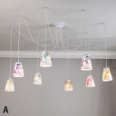 8 Lights Cartoon Swag Pendant Lighting Animals&Insects Nursing Lighting with Fabric Shade in White