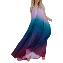 Halter Sleeveless Open Back Ombre Printed Pleated Maxi A-Line Dress