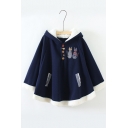 Cat Embroidered Button Front Loose Hooded Cape