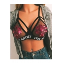 Sequined Floral Embellished Letter Printed Rib Trim Hollow Out Sexy Bralet