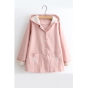 Button Down Long Sleeve Fish Embroidered Loose Hooded Coat