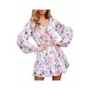 Holiday Floral Printed V Neck Long Sleeve Mini A-Line Dress