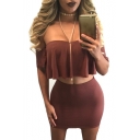 Sexy Plain Off The Shoulder Short Sleeve Crop Top with High Waist Bodycon Skirt Co-ords