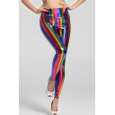 Rainbow Striped Printed High Waist Skinny Leggings