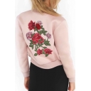 Stand Up Collar Floral Embroidered Long Sleeve Zip Up Jacket