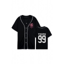 Kpop Twice Korean Star Letter Graphic Printed V Neck Button Front Short Sleeve Baseball Tee