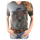 Goat Printed V Neck Short Sleeve Slim T-Shirt