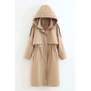 Plain Long Sleeve Drawstring Waist Tunic Hooded Trench Coat