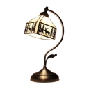 Tiffany Glass Lodge Style Square Table Lamp with Brass Base Cured Arm and Leaf