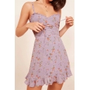 Hollow Out Lace Up Detail Front Floral Printed Spaghetti Straps Sleeveless Mini Cami Dress