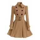 Lapel Collar Long Sleeve Double Breasted Slim Belted Waist Plain Tunic Woolen Coat