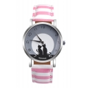 Letter Cat Pattern Striped Leather Band Quartz Watch
