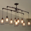 Weathered Iron 10 Light Linear Chandelier with Bird Cage for Bar Counter Restaurant Kitchen Island