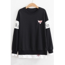 Cartoon Animal Embroidered Color Block Letter Printed Long Sleeve Fake Two Pieces Panel Hem Sweatshirt