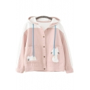 Color Block Cat Embroidered Long Sleeve Button Closure Hooded Jacket