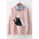 Lovely Cat Embroidered Applique Fake Two Pieces Lapel Collar Long Sleeve Sweatshirt