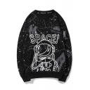 SPACE Letter Astronaut Printed Round Neck Long Sleeve Sweatshirt