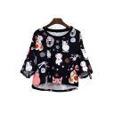 Round Neck Cat All Over Printed Short Sleeve Crop Tee
