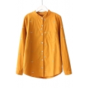 Animal Embroidered Stand Up Collar Long Sleeve Button Front Corduroy Shirt
