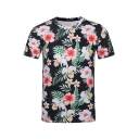 Palm Floral Printed Round Neck Short Sleeve T-Shirt