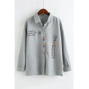 Conceal Button Placket Letter Bulb Printed Lapel Collar Long Sleeve Shirt