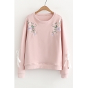 Floral Embroidered Bow Embellished Long Sleeve Round Neck Sweatshirt
