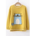 Contrast Trim Cartoon Cat Pattern Dip Hem Round Neck Long Sleeve Sweater