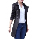 Notched Lapel Collar Long Sleeve Plain Double Breasted Tunic Self Tie Waist Trench Coat