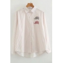 Striped Printed Elephant Embroidered Lapel Collar Long Sleeve Button Front Shirt