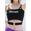 Chic ROCK MORE Letter Printed Spaghetti Straps Sleeveless Hollow Out Crop Cami