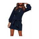 Round Neck Long Sleeve Elastic Cuffs Knotted Front Plain Mini Pencil Dress