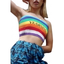 YEARNING Letter Rainbow Striped Printed Sleeveless Crop Bandeau
