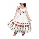 Vintage Off The Shoulder Short Sleeve Floral Embroidered Mesh Insert Midi A-Line Dress