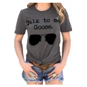 TALK TO ME Letter Glasses Printed Round Neck Short Sleeve T-Shirt