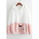 Color Block Fish Embroidered Long Sleeve Casual Hoodie