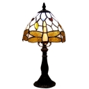 Gold Dragonfly Motif Dome Shade Table Lamp with Colorful Beads in Tiffany Style